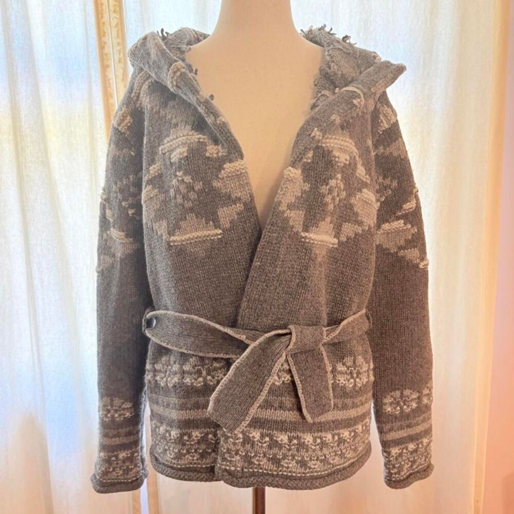Gap 100% lambs wool chunky knit cardigan with hood and tie waist Size XL